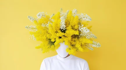 Fotobehang A man with a mask in the form of a vase of flowers stands against a yellow wall. Romantic subject. Lush bouquet with bunches of yellow and white flowers. Illustration for interior design, postcard. © Login