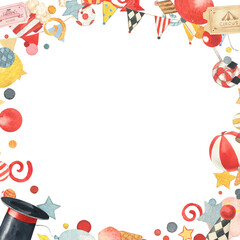 Watercolor circus frame. Hand drawn texture with air balloons, balls, hat, tickets, cannon, ribbons. Carnival frame design perfect for kids decor, nursery, invitation