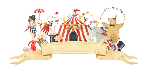 Watercolor vintage circus banner. Tent, bear. elephant, girl, canon, circus tickets. Kids design, art, decor. Hand painted illustration for nursery, invitation, posters