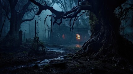 A wooden house at night with glowing windows. An old haunted house in a dark forest. Mystical scene. Halloween. Illustration for cover, postcard, greeting card, interior design, decor or print. - obrazy, fototapety, plakaty