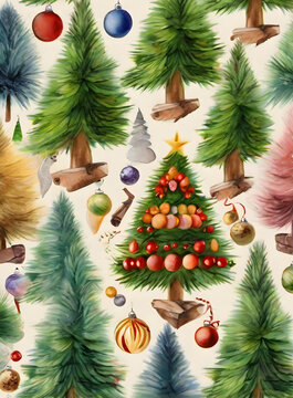 Christmas tree painted background knolling watercolour Kodachrome.
