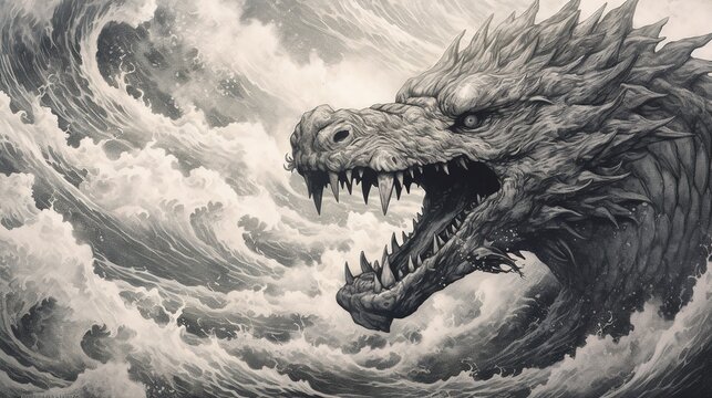 Terrible sea giant serpent during a storm. A sea dragon or monstrous serpent in a raging sea. Mythical creature. Illustration for cover, card, postcard, interior design, poster, brochure, etc.