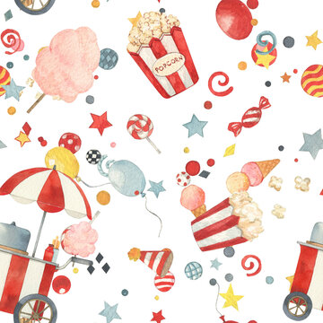 Watercolor circus seamless pattern. Hand drawn texture with air balloons, balls, popcorn, ice cream. Carnival wallpaper design perfect for kids decor, nursery, invitation