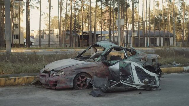War-destroyed car in Irpin, Bucha district, Ukraine