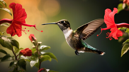 Fototapeta premium Ruby-throated Hummingbird (archilochus colubris) in flight with red flower in the background