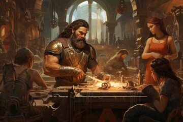 Loyal dwarven blacksmiths crafting mighty weapons - Generative AI