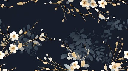  a black and gold floral wallpaper with white flowers on a dark background.  generative ai