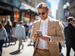 People busy using mobile phone while walking on street Generative AI	