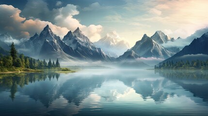  a painting of a mountain range with a lake in the foreground.  generative ai