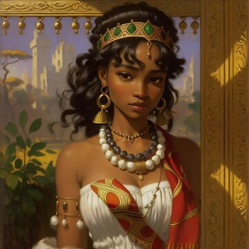 African Princess and Magic Jewels. Generative AI. An animated morphing African beauty with morphing jewelry.