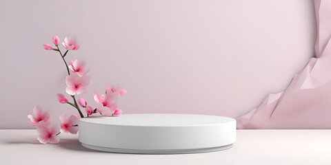 Obraz na płótnie Canvas Minimalistic white mock up podium with pink blossom flowers and soft pink background wall for product presentation 