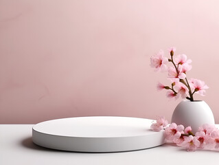 Minimalistic white mock up podium with pink blossom flowers and soft pink background wall for product presentation 