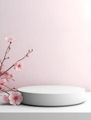 Minimalistic white mock up podium with pink blossom flowers and soft pink background wall for product presentation 