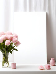 Empty white frame mock up with pink roses in vase, white background