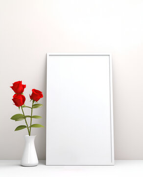 Empty white frame mock up with red roses in vase, white background