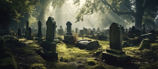 Ancient English cemetery with hazy ghostly headstones With copyspace for text