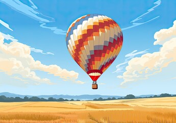 Fototapeta premium A bright hot air balloon flies over a beautiful landscape with plowed fields and forests on the horizon. The concept of motivation and inspiration for an active summer holiday. Illustration for design