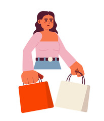 Arabian brunette with shopping bags semi flat color vector character. Buying stuff. Editable half body person on white. Simple cartoon spot illustration for web graphic design