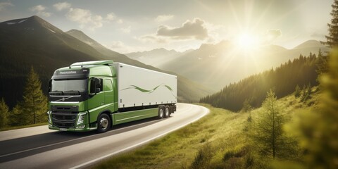 Eco-Friendly Journey: A White Truck Drives Through the Lush Green Hills and Forests, Symbolizing Sustainable Transportation Amidst Nature's Beauty