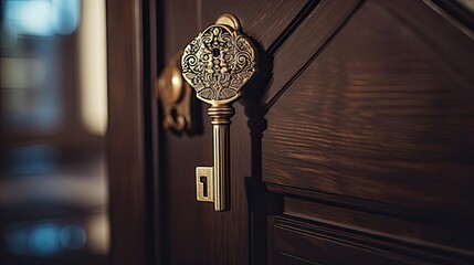 a close-up of keys in the lock of a house door - obrazy, fototapety, plakaty
