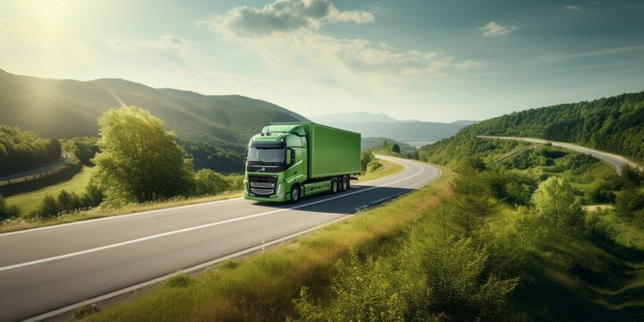 Eco-Friendly Journey: A White Truck Drives Through the Lush Green Hills and Forests, Symbolizing Sustainable Transportation Amidst Nature's Beauty
