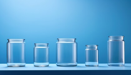 Beakers Cylindrical glass containers with a lip for pouring, laboratory equipement ,blue background 