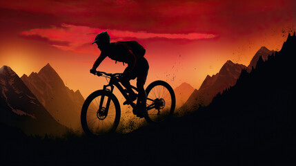 silhouette of mountain biker on colored background