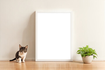 empty white frame canvas mockup template in front of a light wall with cat and plant