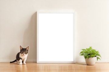 empty white frame canvas mockup template in front of a light wall with cat and plant