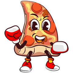 vector mascot character of a slice of pizza practicing boxing by wearing boxing gloves