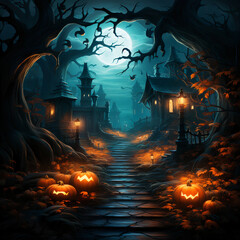 spooky halloween night, halloween,, night, illustration, vector, moon, design, autumn, spooky, horror, scary, dark, holiday, bat, castle, silhouette, grunge, forest, fire, orange, celebration, house, 