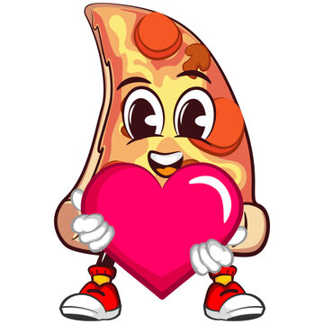 vector mascot character of a slice of pizza with a big pink heart