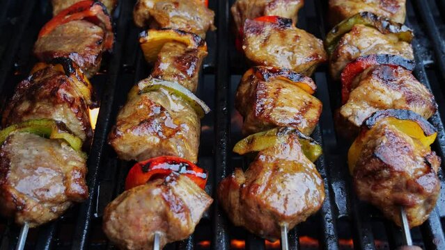 Pieces meat on skewer with vegetables on grill. Grilling meat. Picnic.