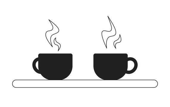 Coffee break monochrome flat vector object. Hot drinks on tables. Fragrant beverage. Editable black and white thin line icon. Simple cartoon clip art spot illustration for web graphic design