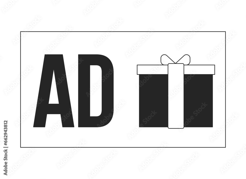 Aufkleber advertising prize bw concept vector spot illustration. click on present. 2d cartoon flat line monoch