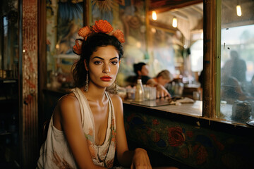 close up portrait of pretty charismatic Latin woman in luxury antique restaurant, Generative Ai