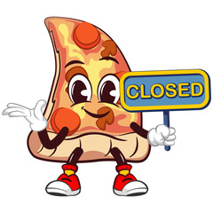 vector mascot character of a slice of pizza holding a business sign that says closed