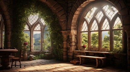 Fototapeta premium a room with a stone floor and a large arched window. generative ai