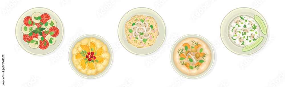 Canvas Prints different dish and meal served on plate above view vector set