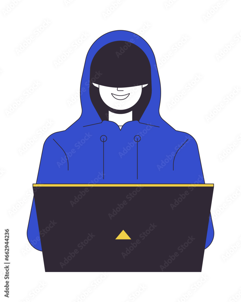 Poster hacker in hood smiling flat line color vector character. coding on laptop. cyberspace. editable outl