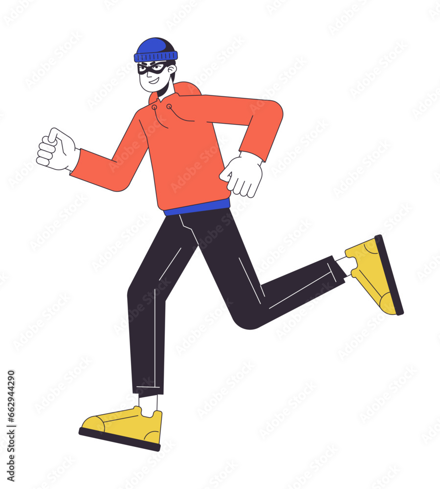 Poster man in mask running flat line color vector character. hacker. editable outline full body person on w