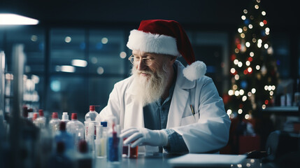 Young doctors in santa claus hats - obrazy, fototapety, plakaty
