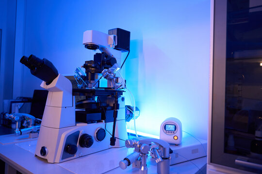 Modern lab equipment used for intracytoplasmic sperm injection procedure