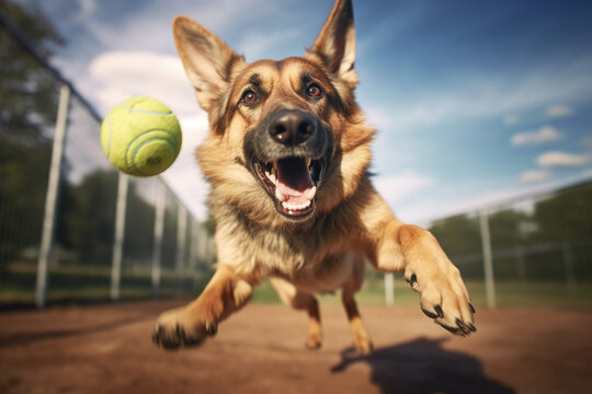 funny picture of a  dog, a german shepherd, jumps high into the air chasing a ball