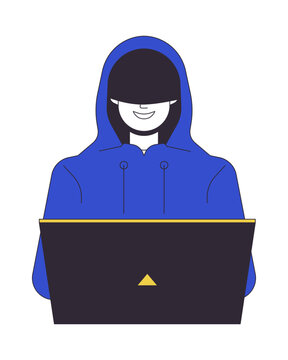 recommend clip art: Hacker in hood smiling flat line color vector character. Coding on laptop. Cyberspace. Editable outline full body person on white. Simple cartoon spot illustration for web graphic design