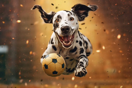funny picture of a  dog, a dalmatian, jumps high into the air chasing a ball