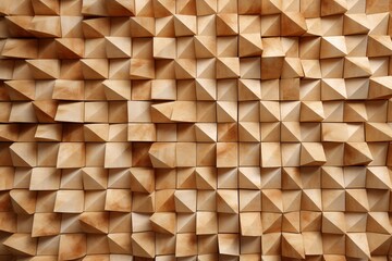 Textured triangular natural stone mosaic tiles arranged to form a wall with stacked bricks creating a 3D block background. Generative AI