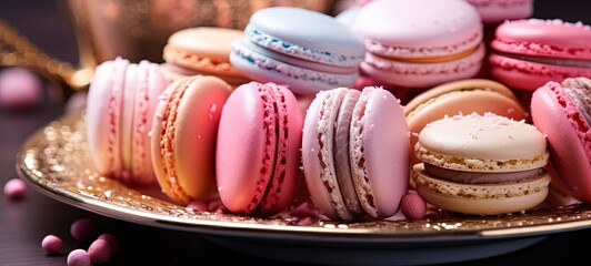 abstract background of pastel tone color macaron on wooden table, bakery dessert, Generative Ai