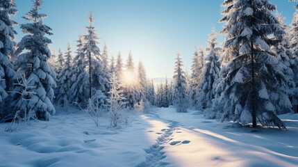Winter forest landscape with snow-covered fir trees.