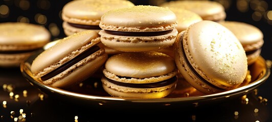 abstract background of gold color macaron on wooden table, luxury bakery dessert with bokeh light,...